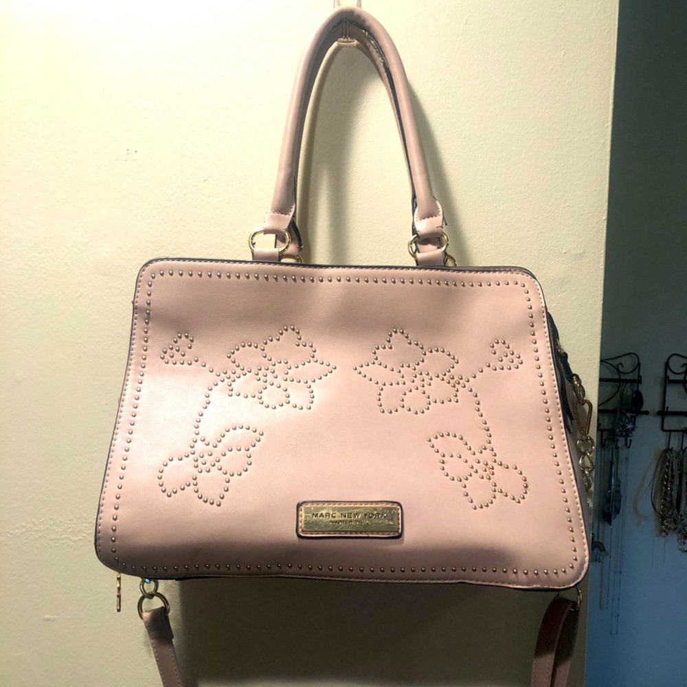 Bronze flower decal handbag with shoulder strap